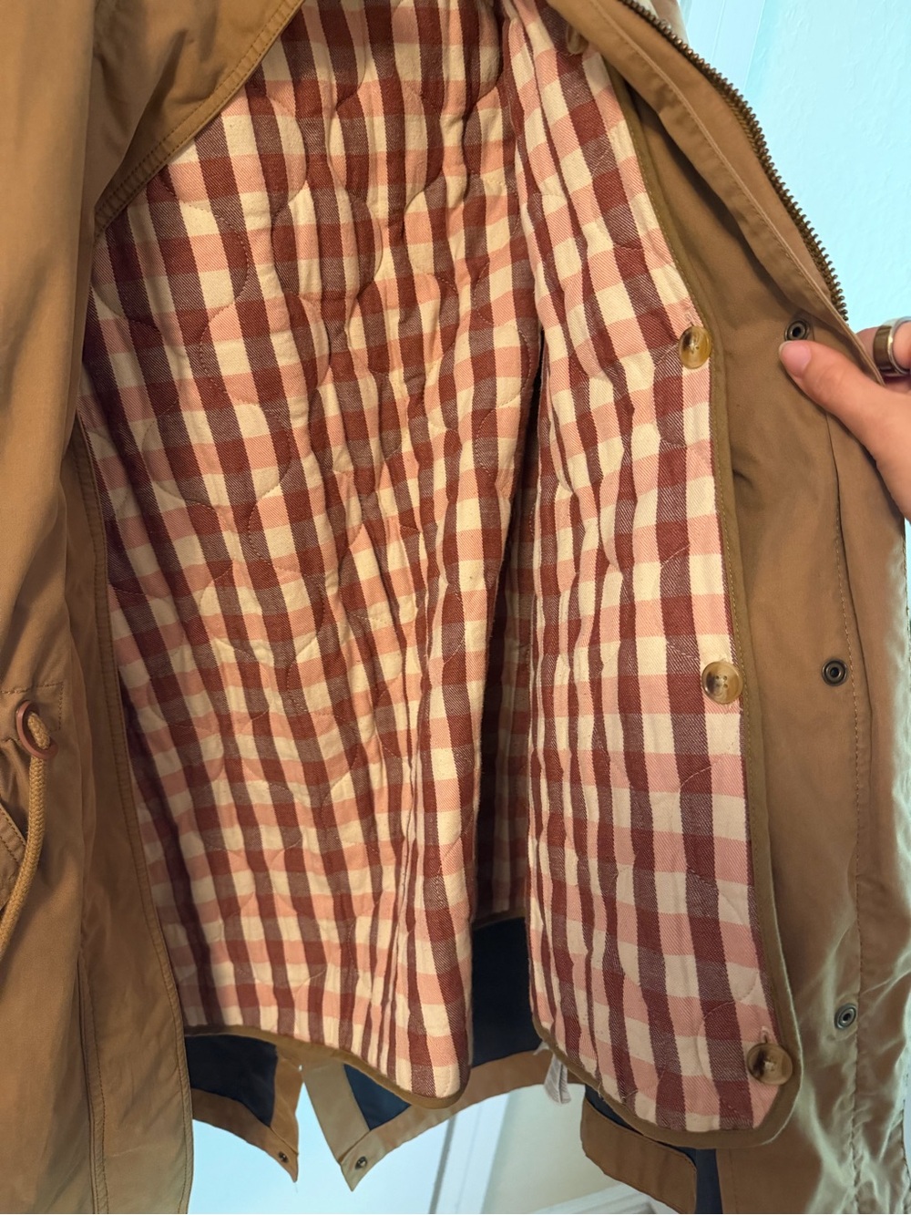 Madewell Tan Jacket with Removable Red and White Plaid Lining and Hood - Picture 8 of 11
